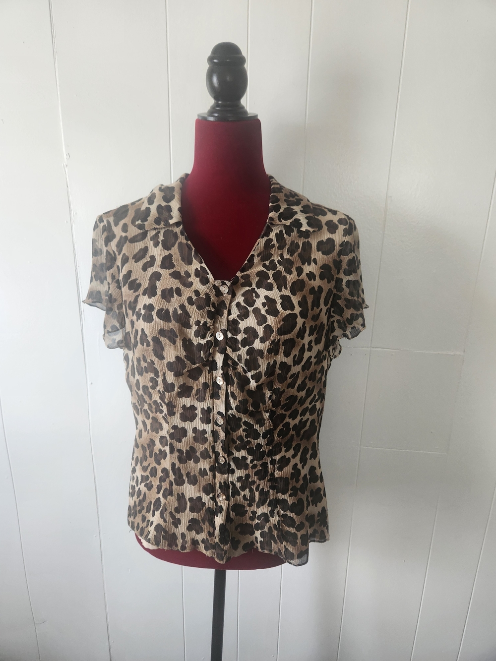 Kate Hill 100% Silk Leopard Print Button Front Blouse Size 12- Cheetah Print VTG